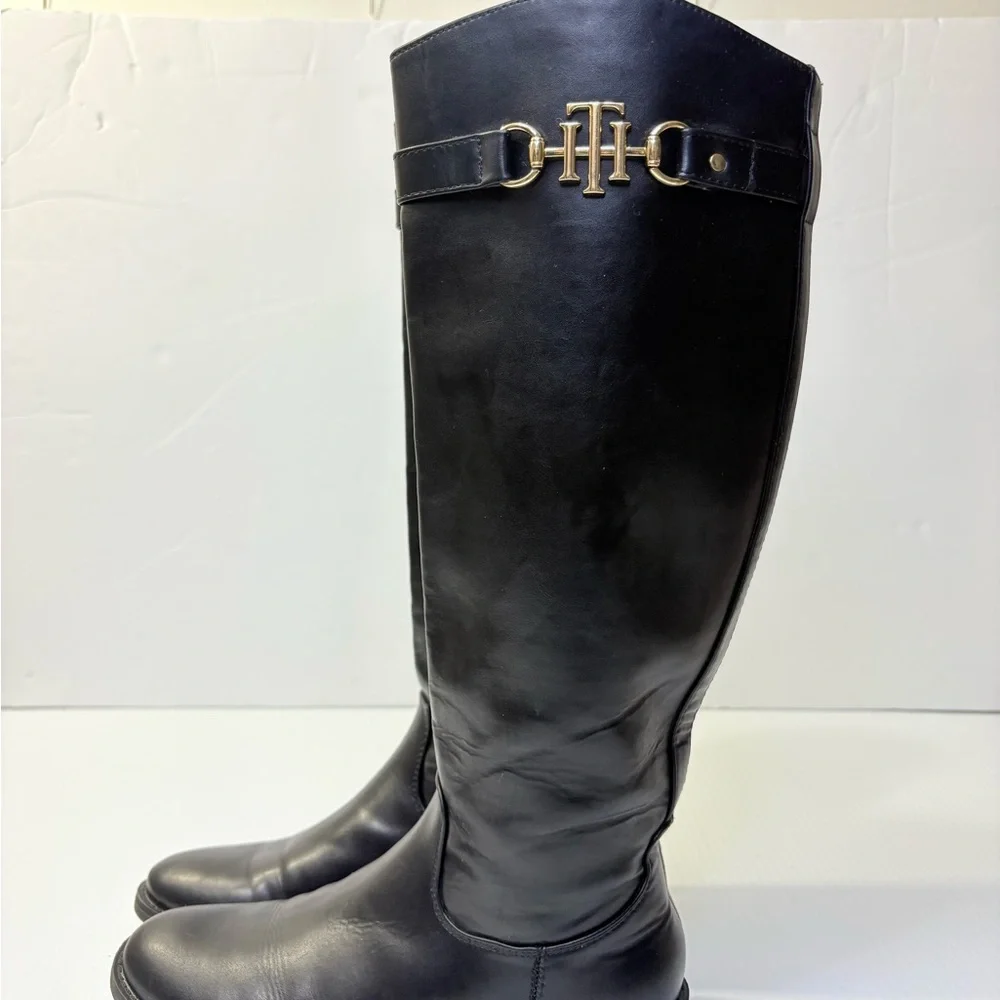 Tommy Hilfiger Inezy Black Knee High Equestrian Boots Side Zip Block Heel Sz6